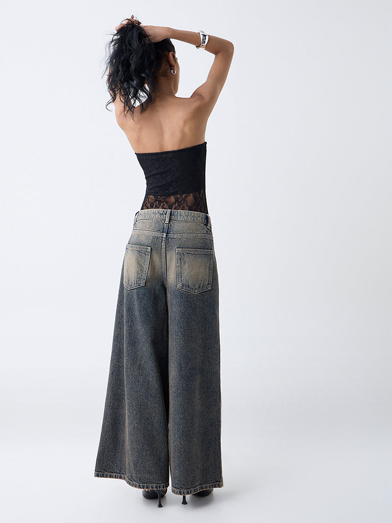 Nuon Dark Blue Faded Wide-Leg High-Rise Jeans