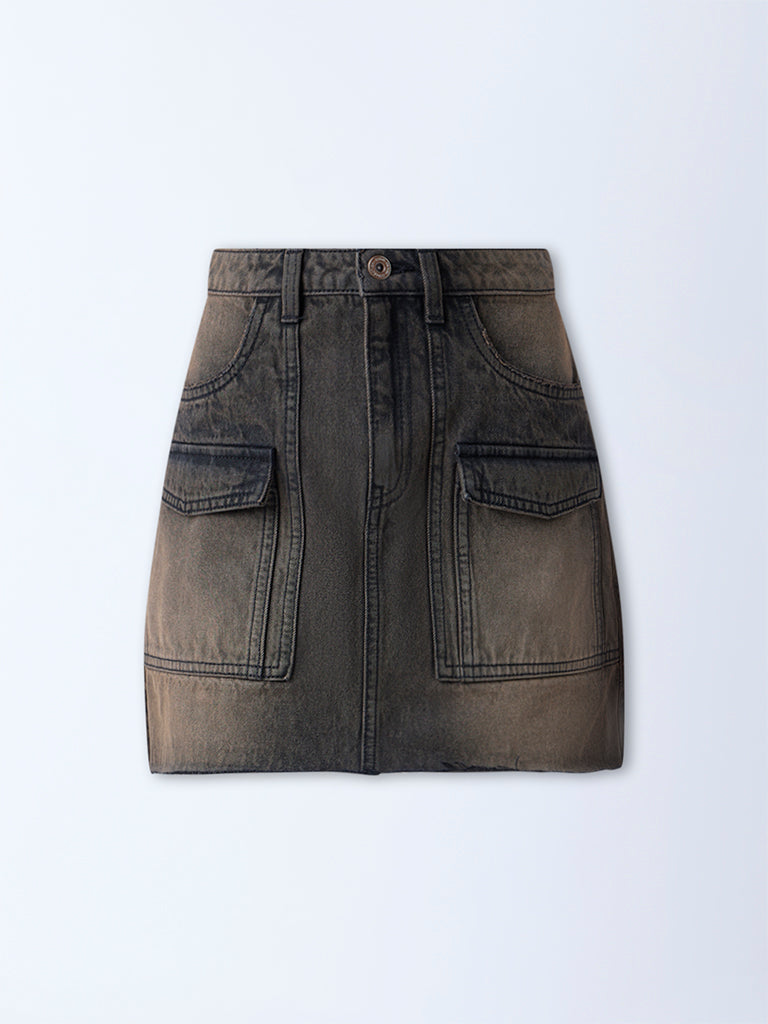 Nuon Brown Faded High-Rise Denim Skirt