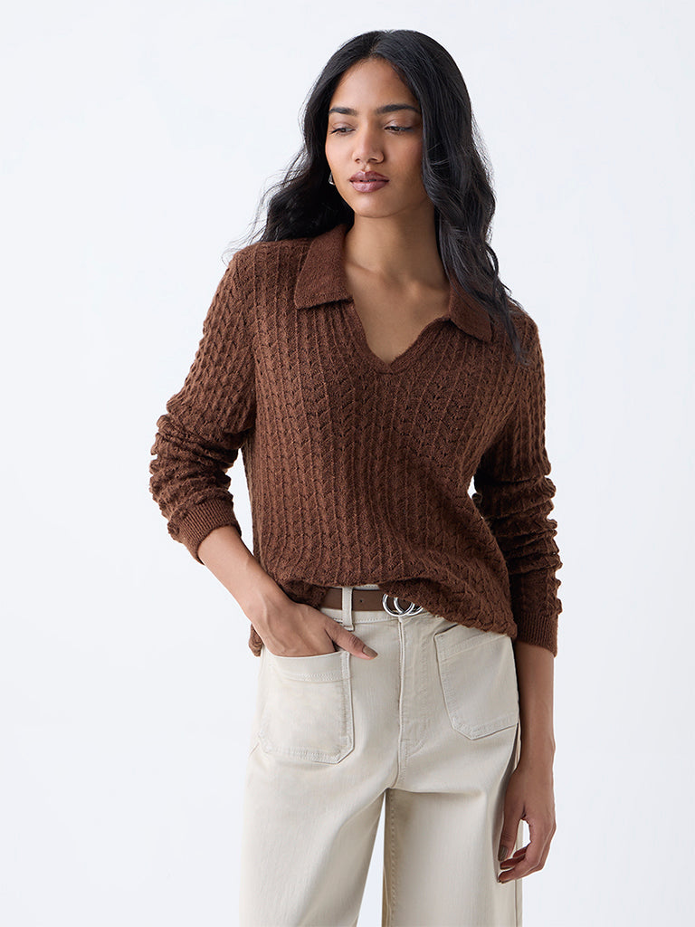 Westside LOV Women's Brown Knit-Textured Sweater for Winter Wear Front view