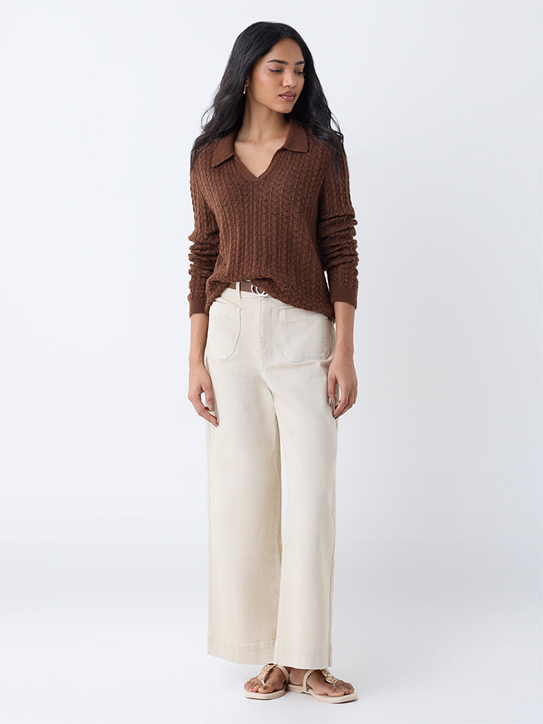 Westside LOV Women's Brown Knit-Textured Sweater for Winter Wear Full View