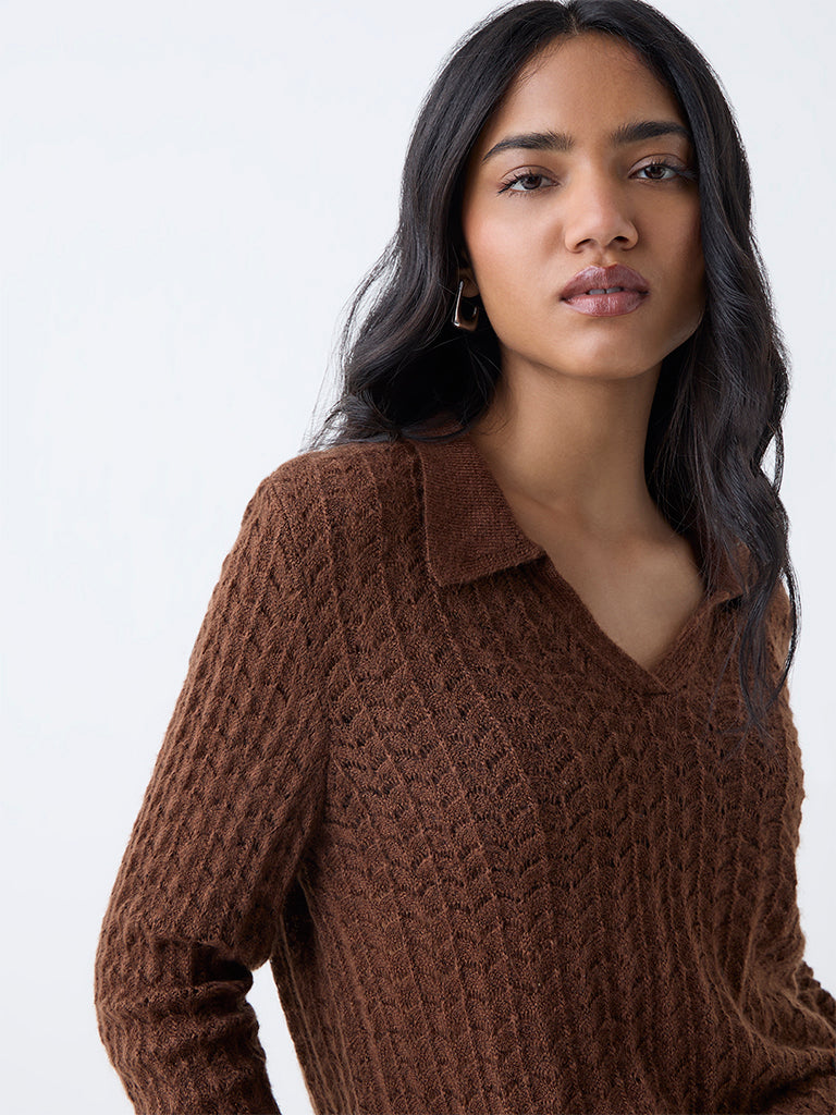 Westside LOV Women's Brown Knit-Textured Sweater for Winter Wear Zoomed View