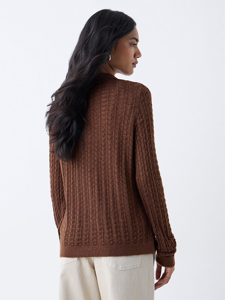 Westside LOV Women's Brown Knit-Textured Sweater for Winter Wear Back View