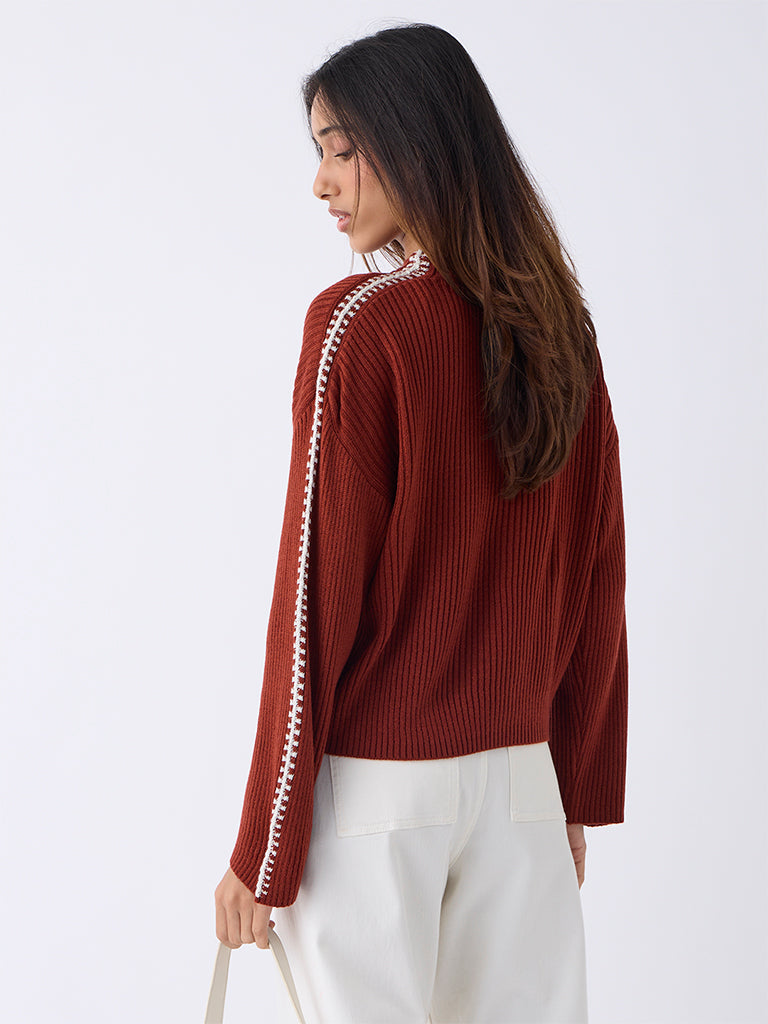 LOV Rust Ribbed-Textured Sweater