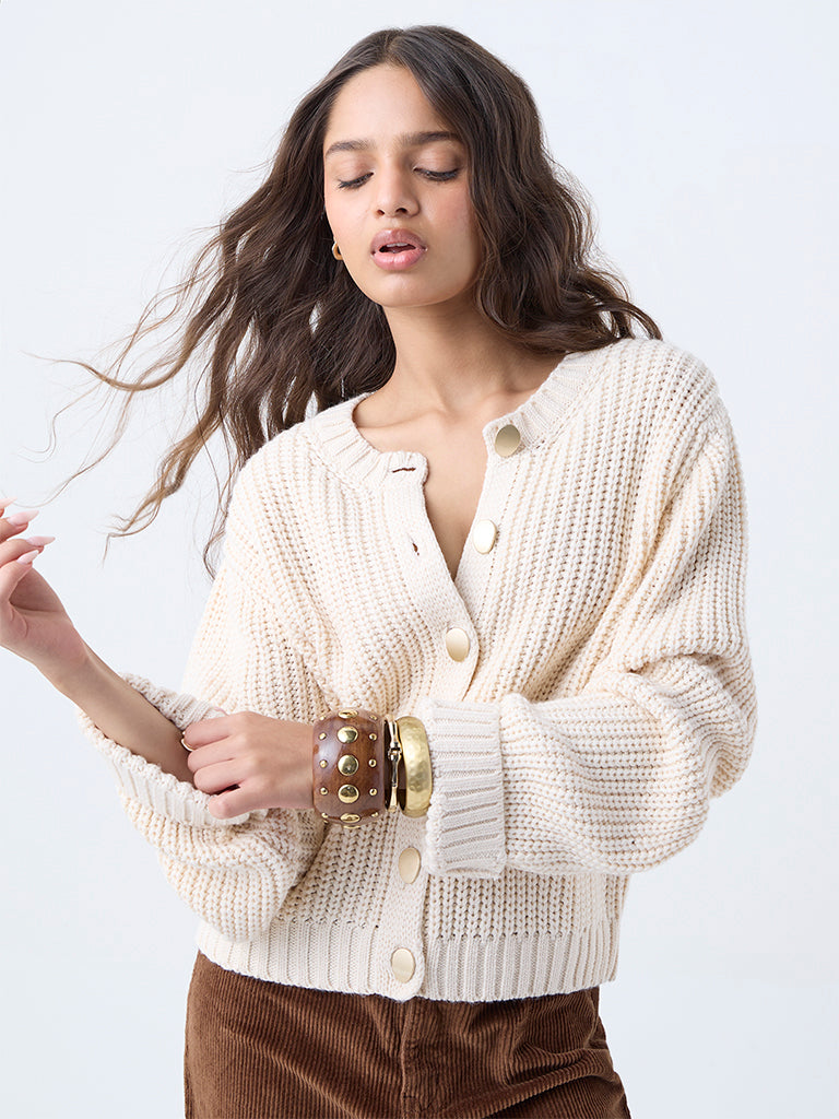 LOV Beige Knit-Textured Cardigan
