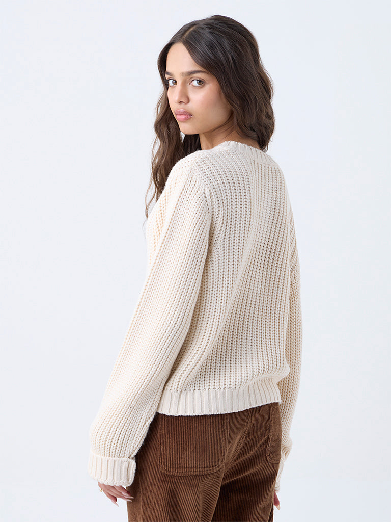 LOV Beige Knit-Textured Cardigan
