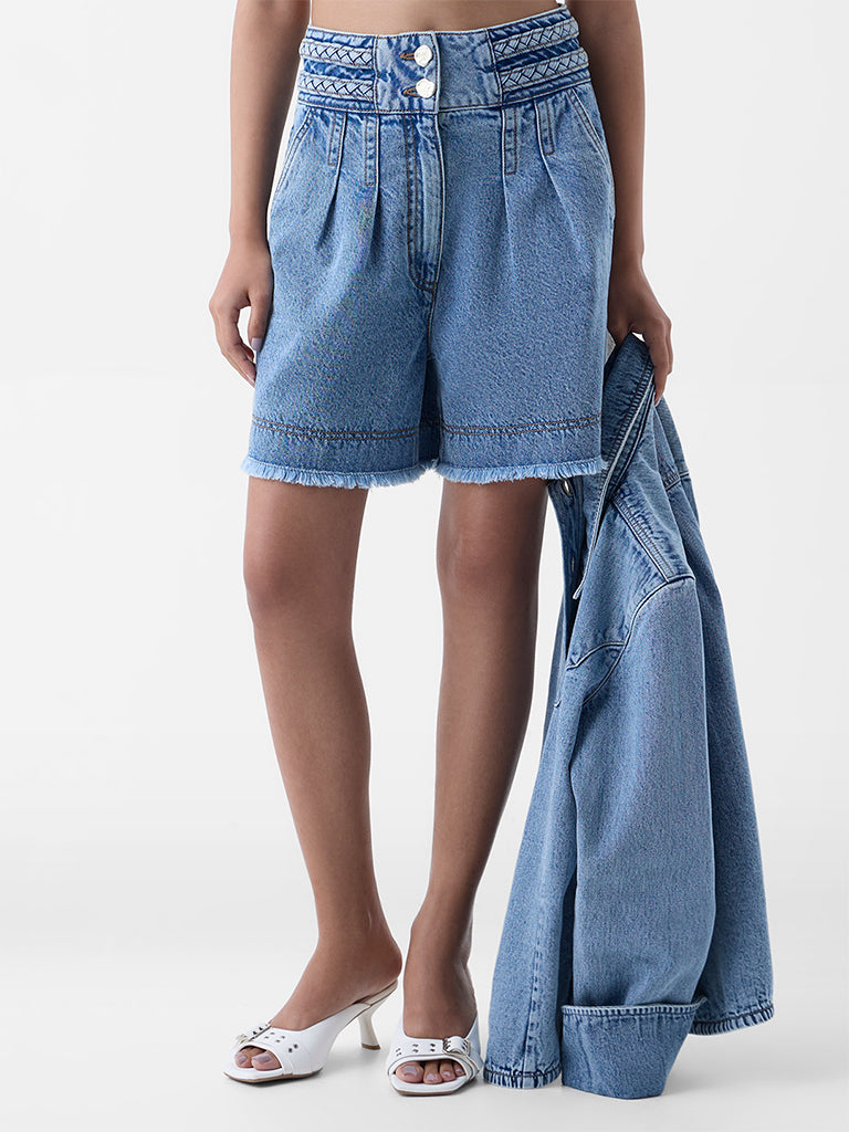 LOV Blue Fringe-Detailed High-Rise Denim Shorts