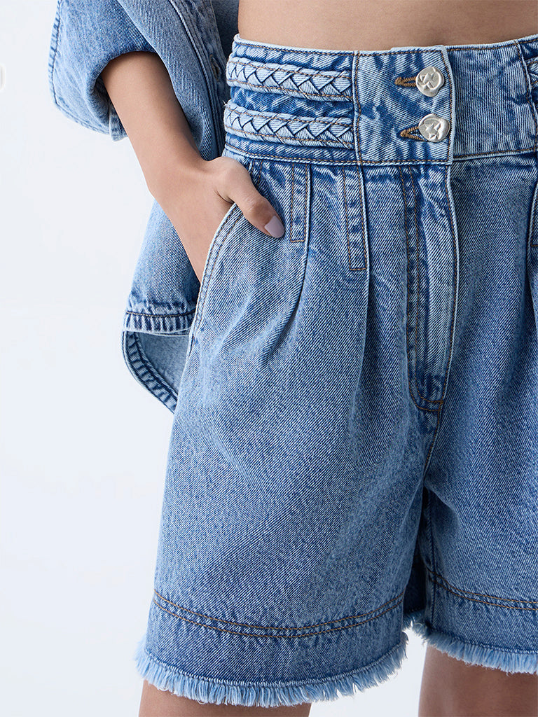 LOV Blue Fringe-Detailed High-Rise Denim Shorts