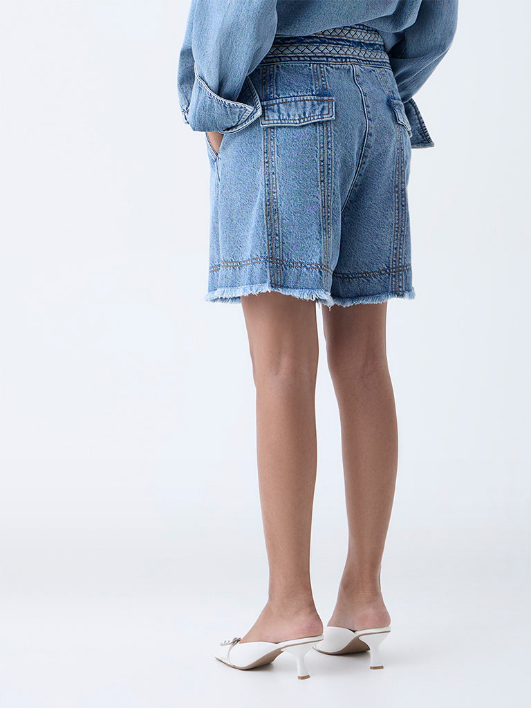 LOV Blue Fringe-Detailed High-Rise Denim Shorts
