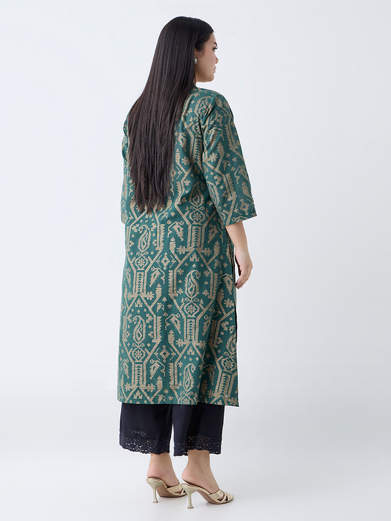 Westside Diza Women's Green Jamdani-Printed Cotton-Blend A-Line Kurta for Work Wear Back View