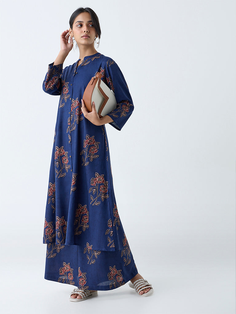Utsa Indigo Floral Detailed A-Line Kurta