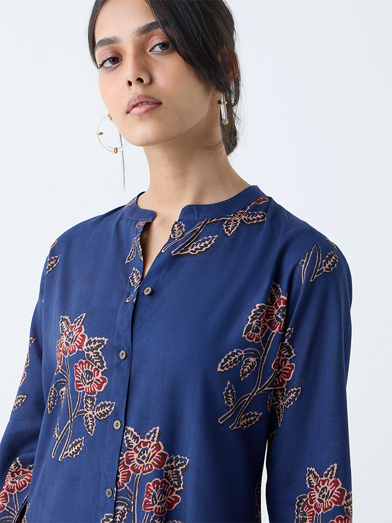 Utsa Indigo Floral Detailed A-Line Kurta