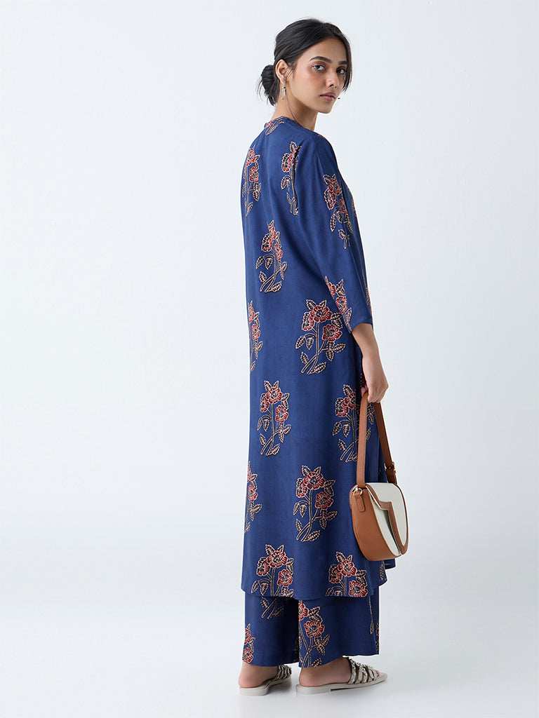 Utsa Indigo Floral Detailed A-Line Kurta