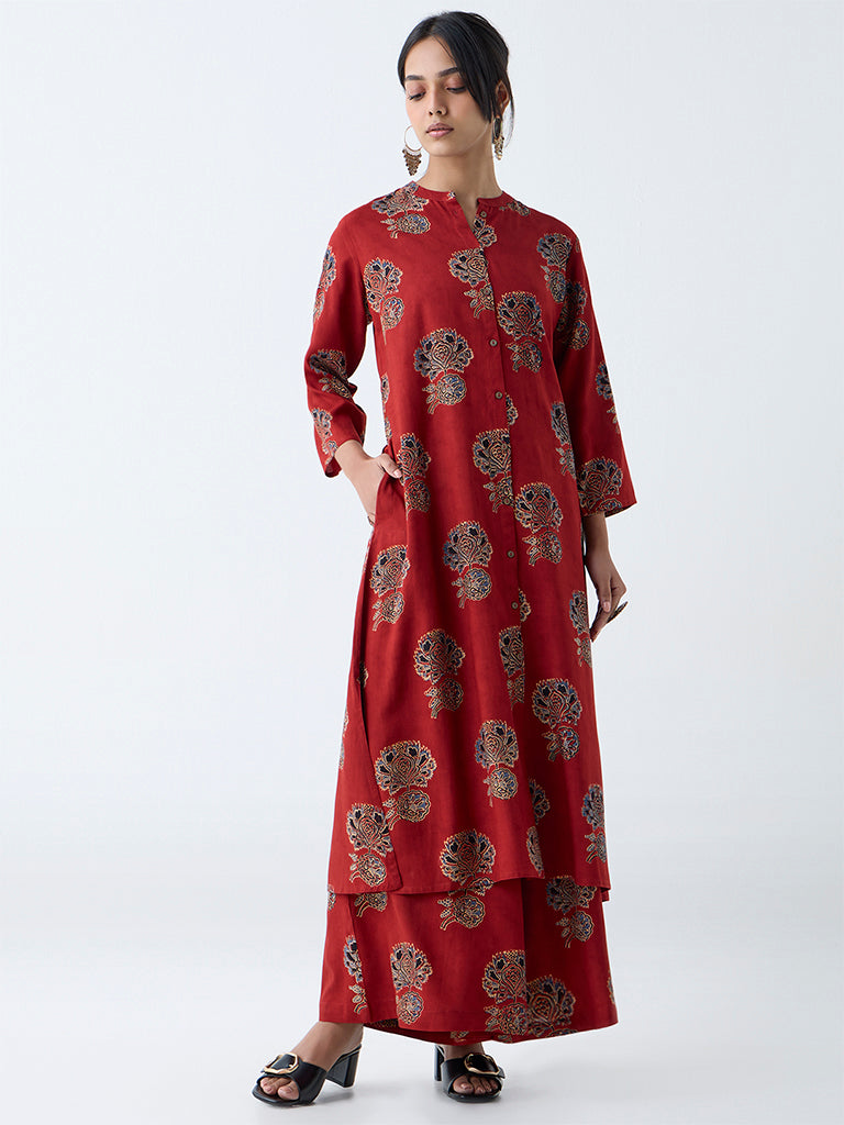 Utsa Red Floral Pattern A-Line Kurta
