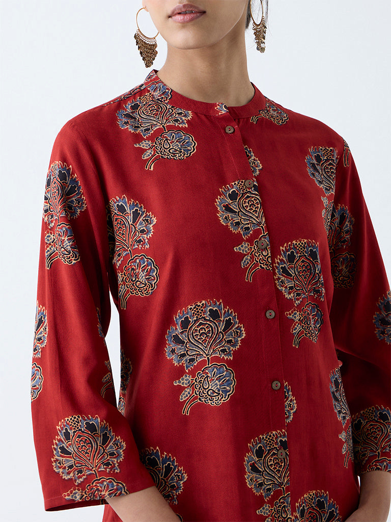 Utsa Red Floral Pattern A-Line Kurta