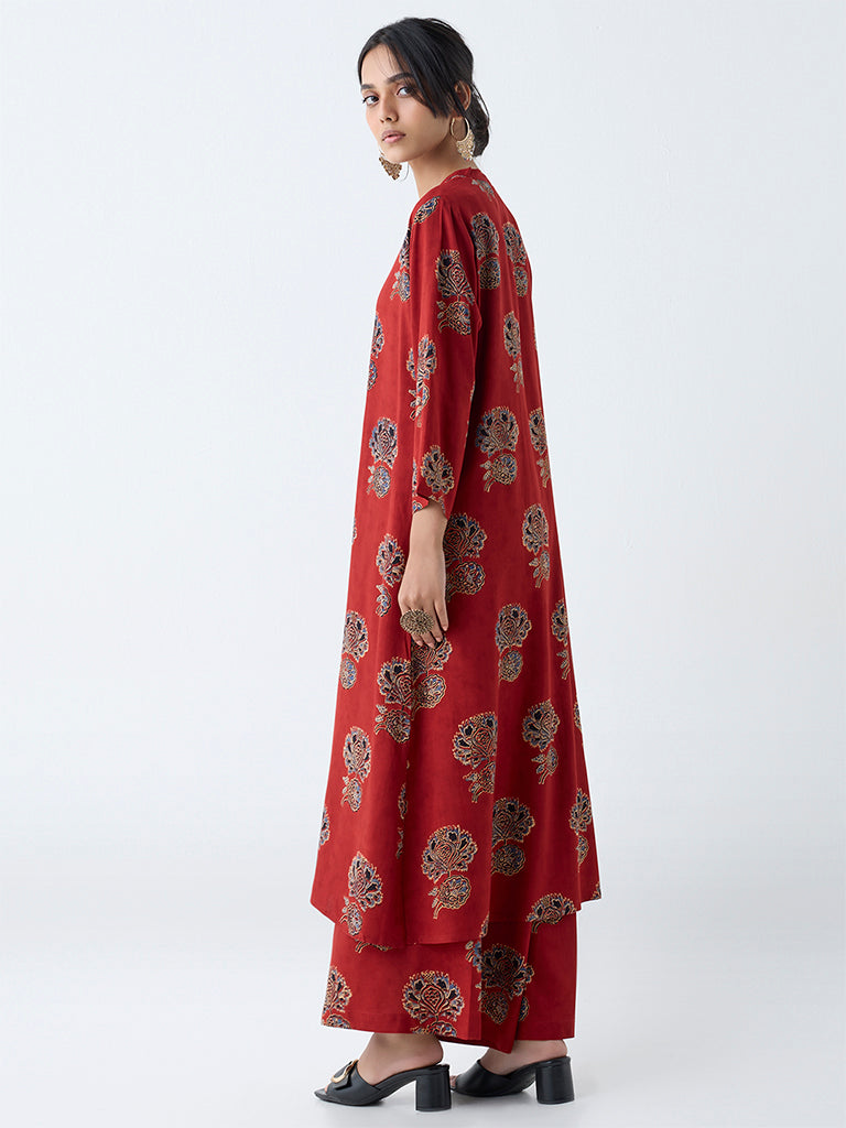 Utsa Red Floral Pattern A-Line Kurta