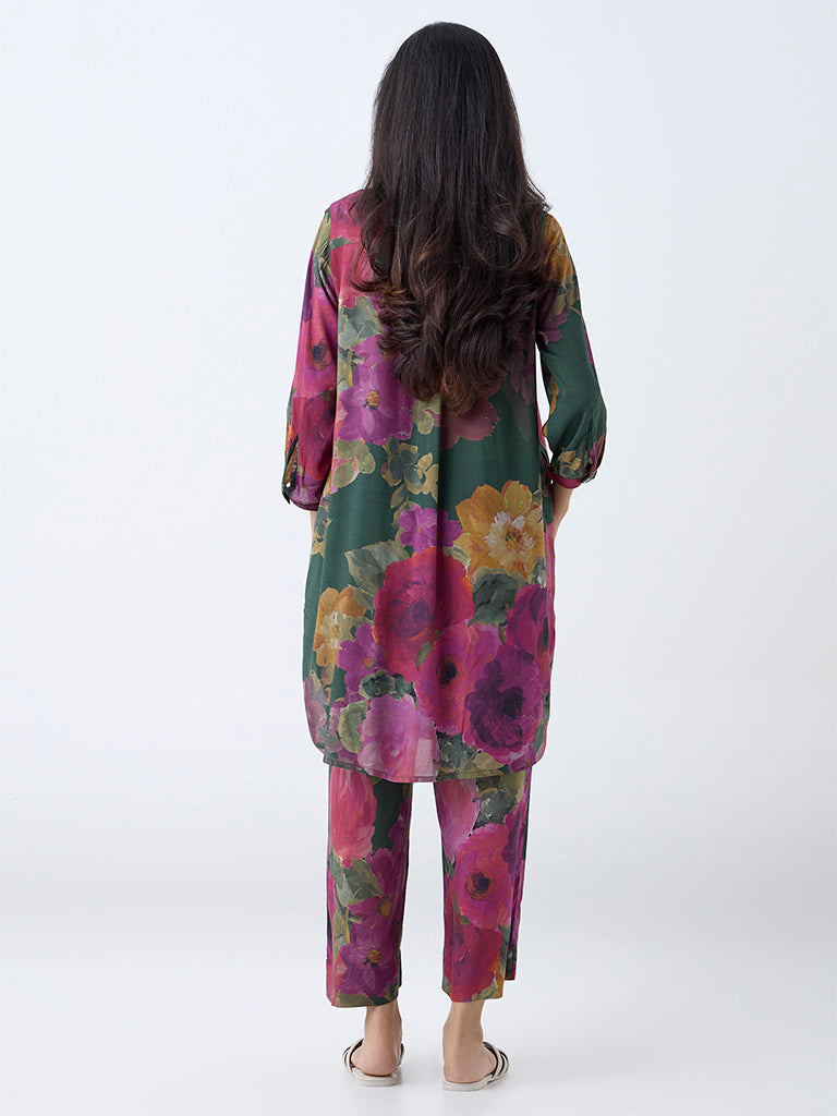 Westside Utsa Women's Dark Green Floral Pattern Straight Kurta for Work Wear Back View