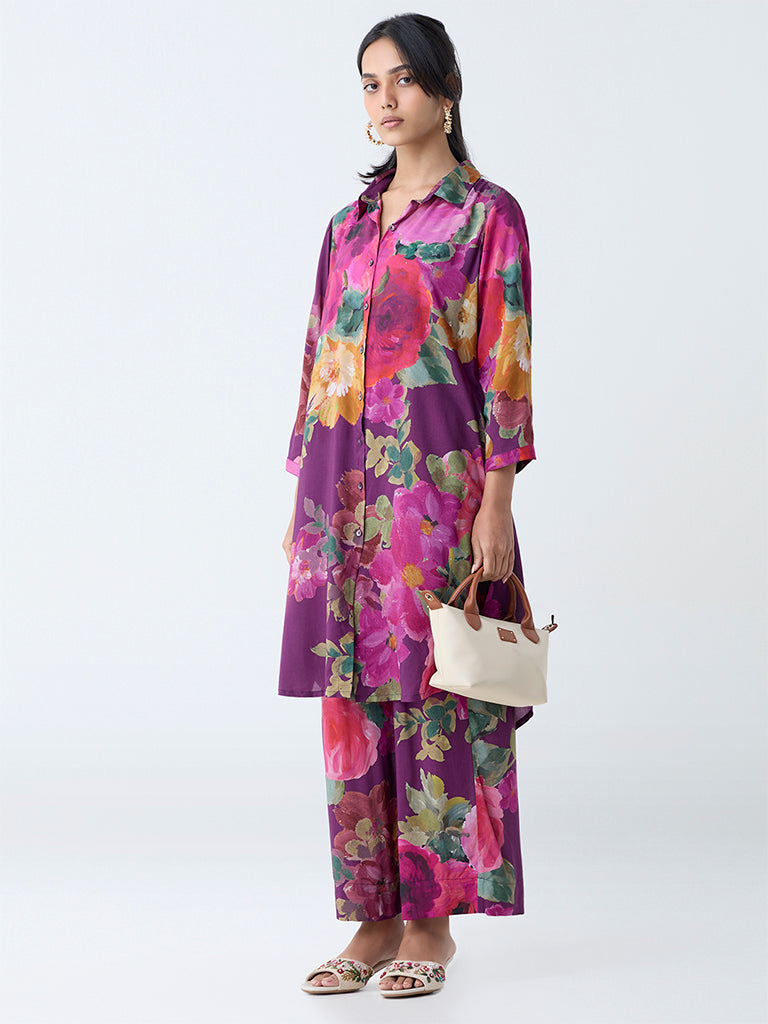 Utsa Purple Floral Pattern Straight Kurta