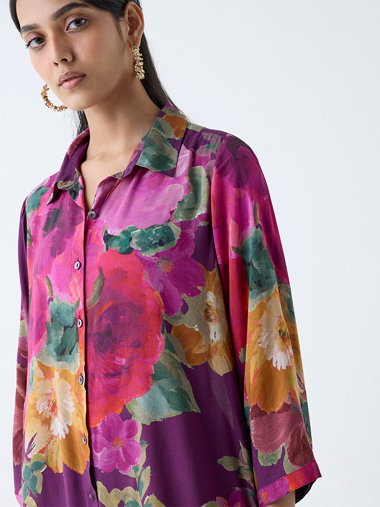Utsa Purple Floral Pattern Straight Kurta