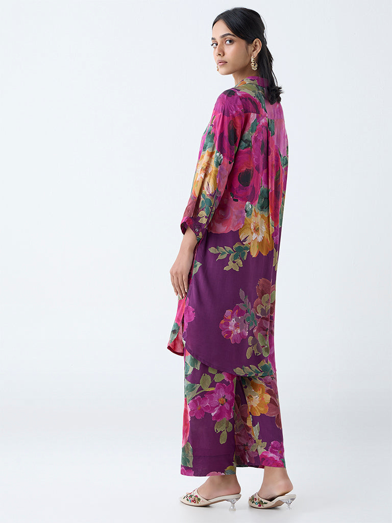 Utsa Purple Floral Pattern Straight Kurta
