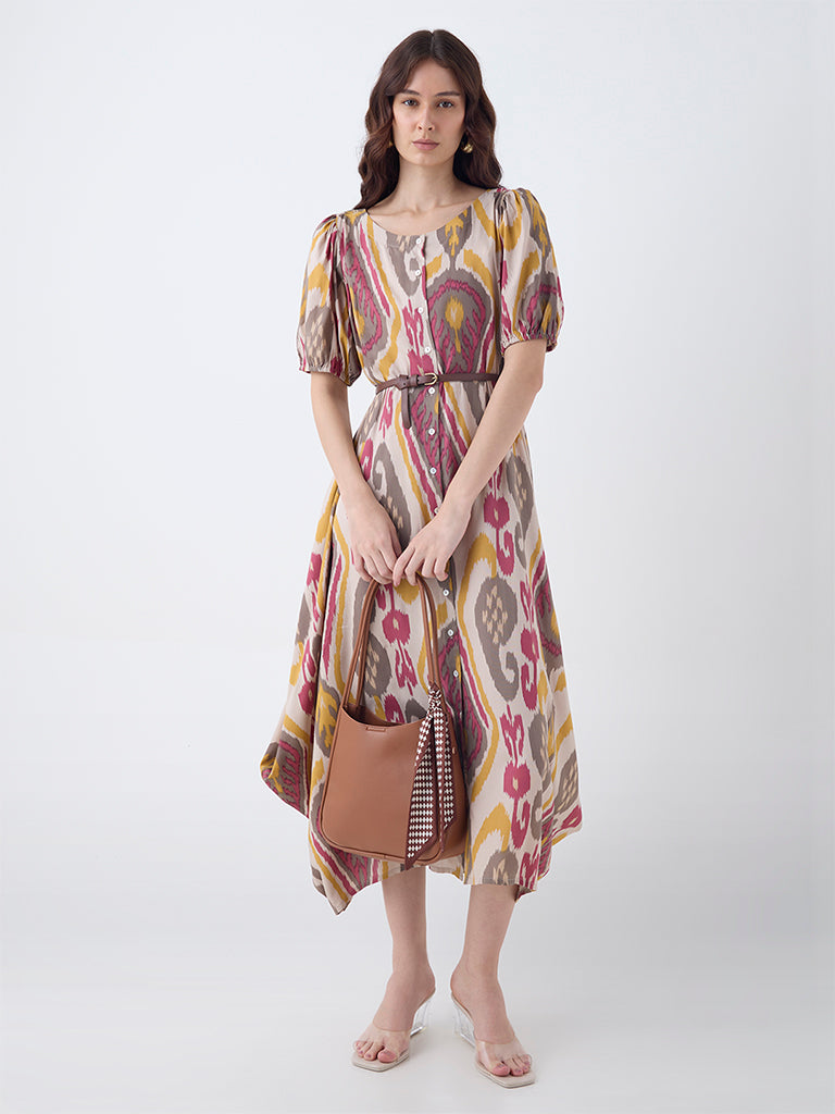 Westside Utsa Women's Multicolour Ikat Pattern Asymmetric Dress with Belt for Work Wear Front view