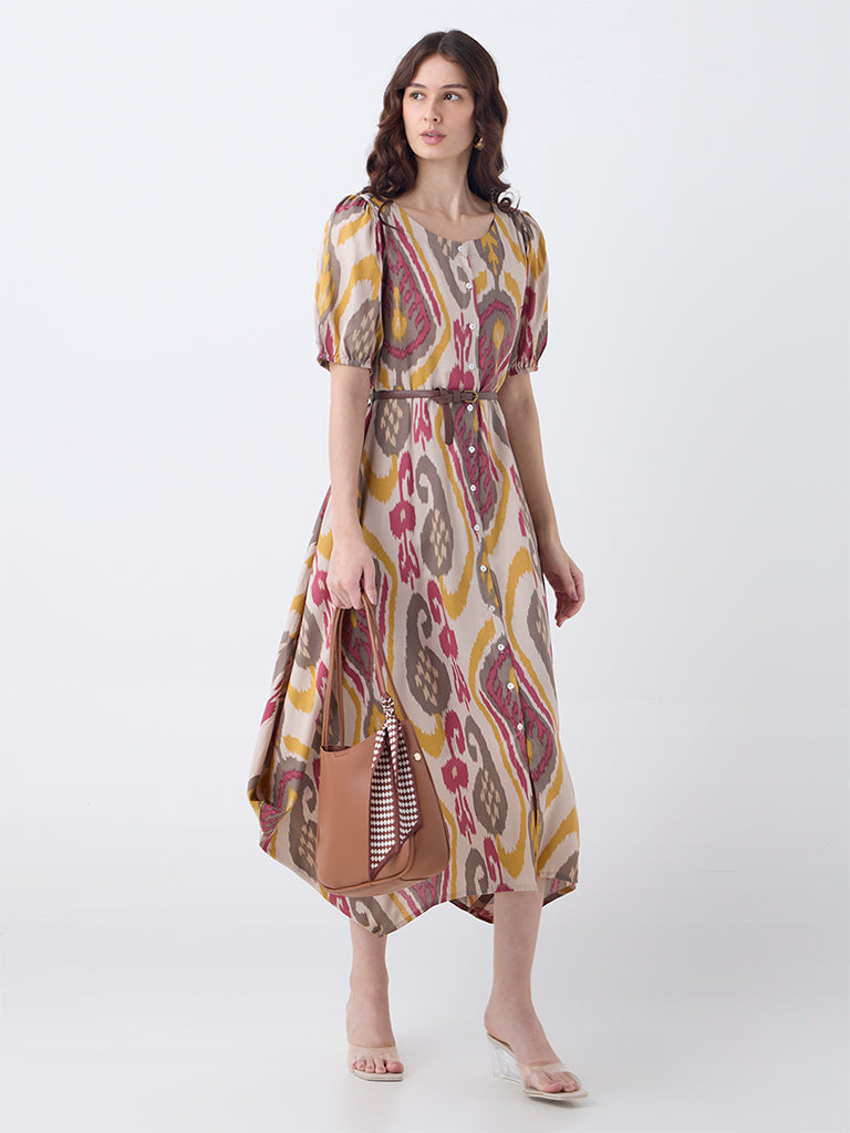 Westside Utsa Women's Multicolour Ikat Pattern Asymmetric Dress with Belt for Work Wear Full View