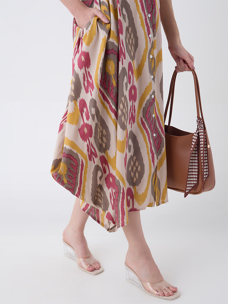 Westside Utsa Women's Multicolour Ikat Pattern Asymmetric Dress with Belt for Work Wear Zoomed View