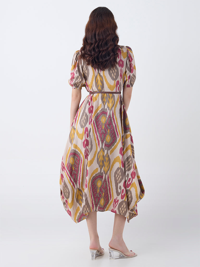 Westside Utsa Women's Multicolour Ikat Pattern Asymmetric Dress with Belt for Work Wear Back View