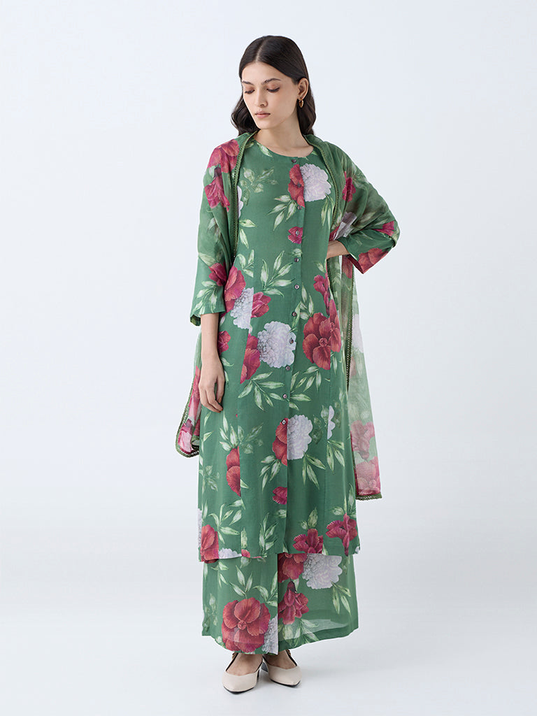 Zuba Dark Green Floral Printed A-Line Kurta