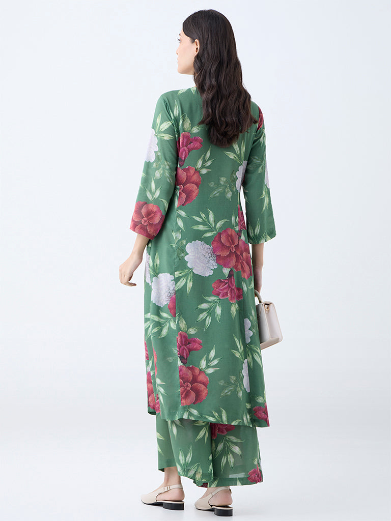 Zuba Dark Green Floral Printed A-Line Kurta