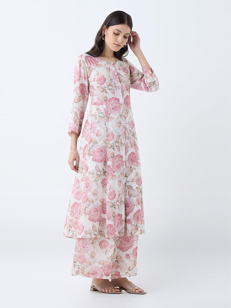 Zuba Pink Floral Design A-Line Kurta