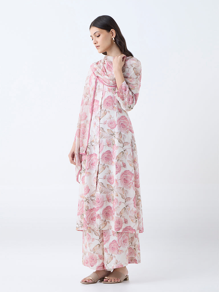 Zuba Pink Floral Design A-Line Kurta