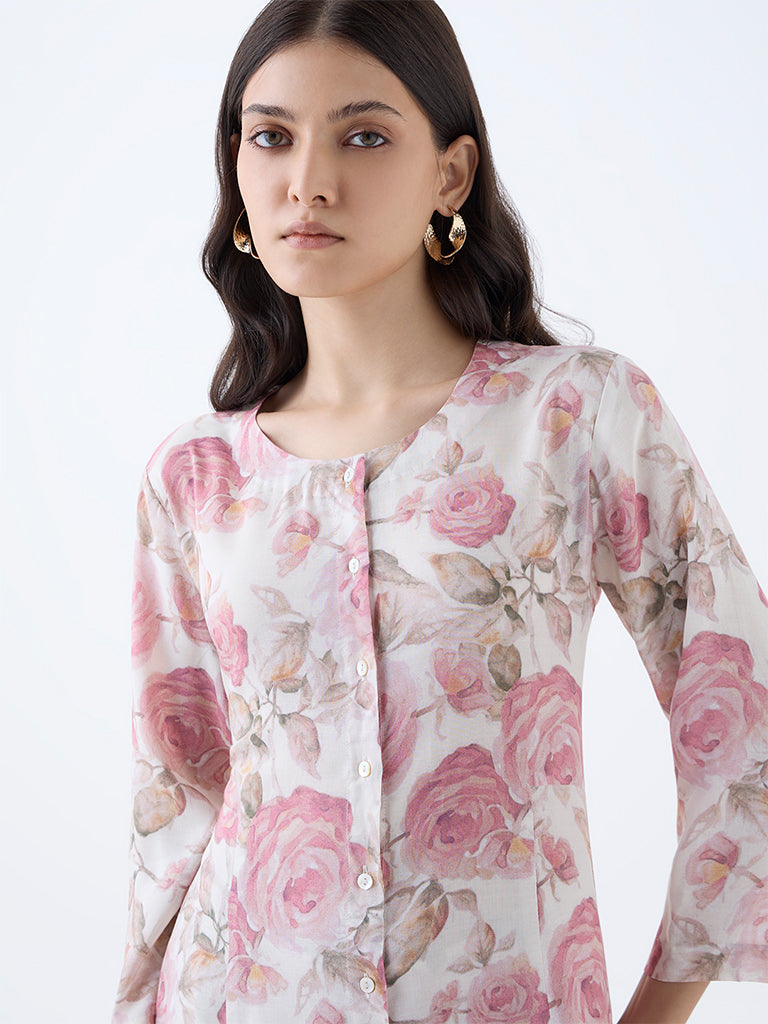Zuba Pink Floral Design A-Line Kurta