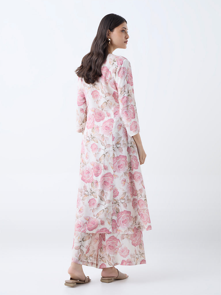 Zuba Pink Floral Design A-Line Kurta