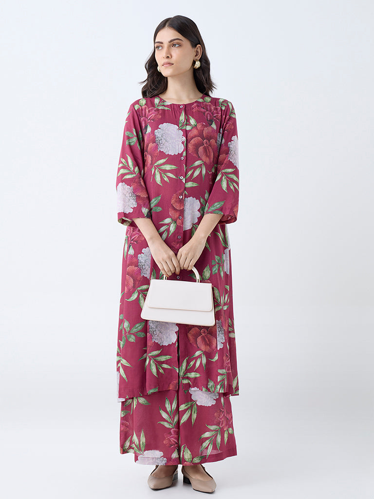 Zuba Red Floral Printed A-Line Kurta