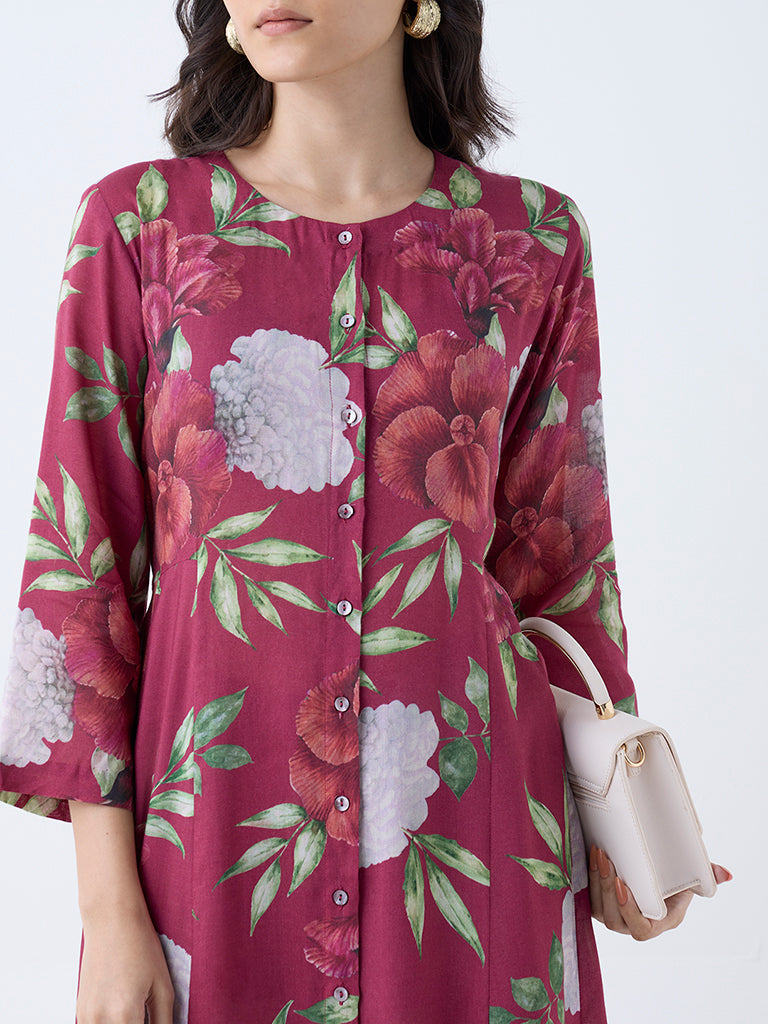 Zuba Red Floral Printed A-Line Kurta