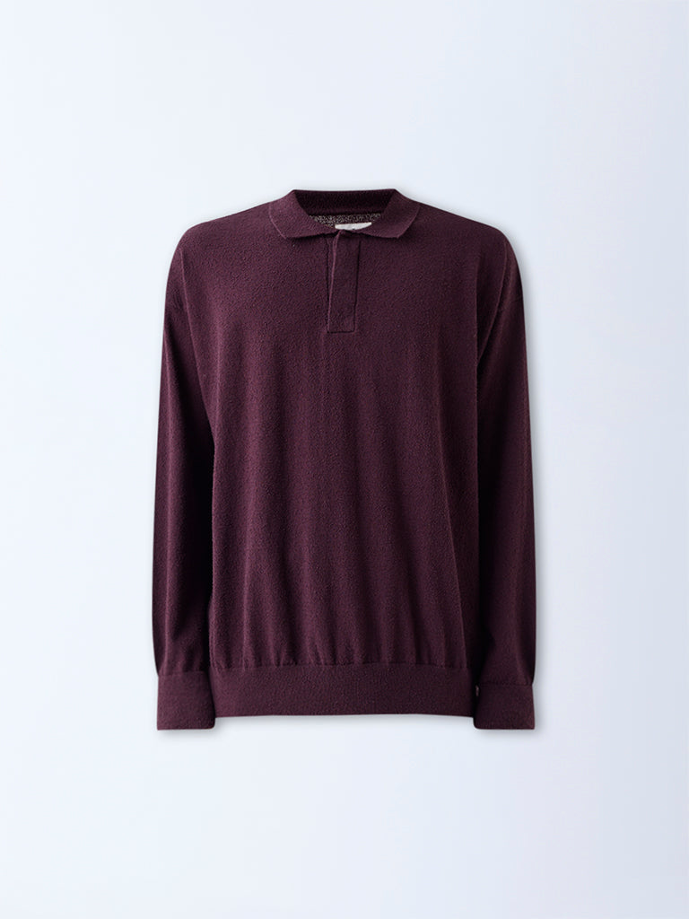 ETA Wine Knit Textured Relaxed-Fit Cotton-Blend Polo Sweater