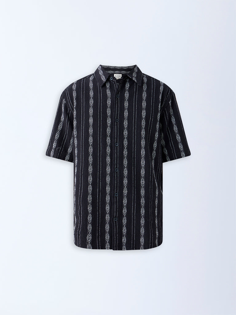 Westside ETA Men's Black Embroidered Relaxed-Fit Cotton Shirt for Casual Wear Flatlay