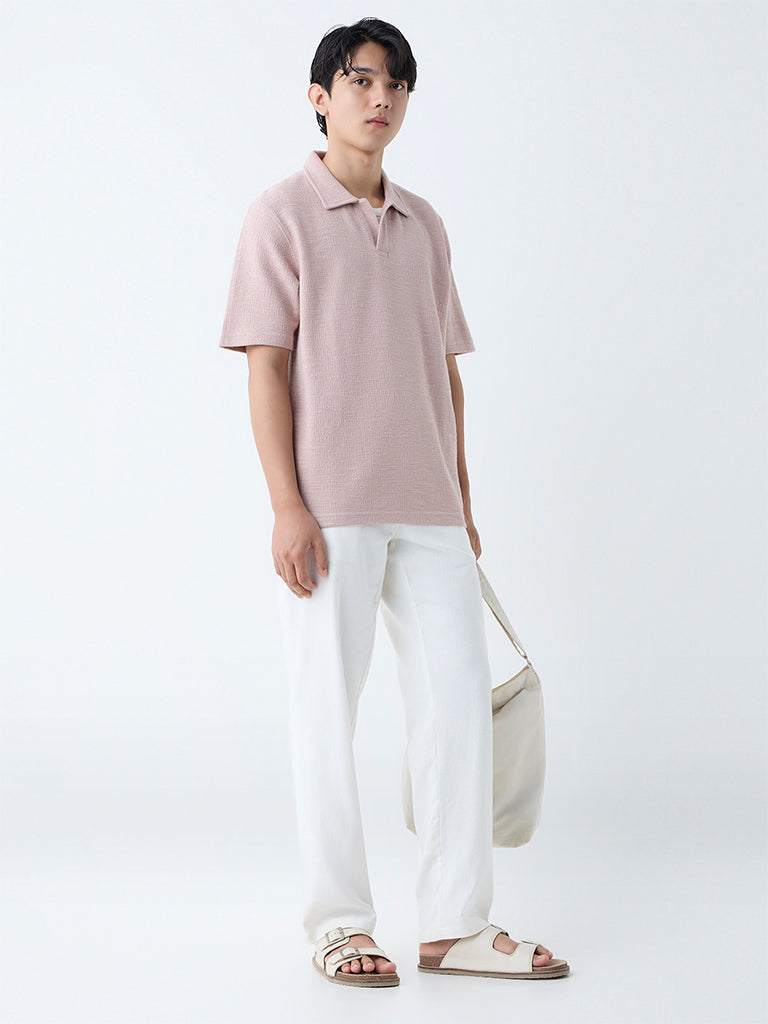 Westside ETA Men's Light Pink Self Relaxed-Fit Cotton-Blend Polo T-Shirt for Casual Wear Full View