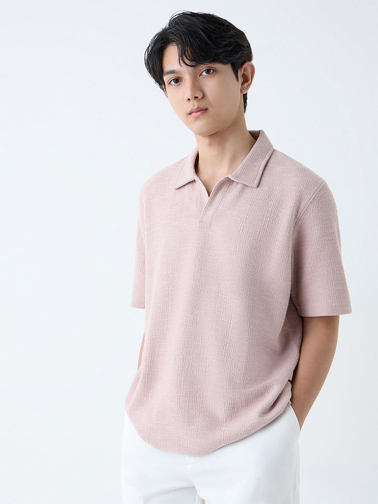 Westside ETA Men's Light Pink Self Relaxed-Fit Cotton-Blend Polo T-Shirt for Casual Wear Front view