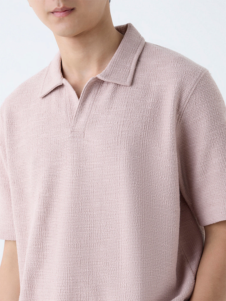 Westside ETA Men's Light Pink Self Relaxed-Fit Cotton-Blend Polo T-Shirt for Casual Wear Zoomed View