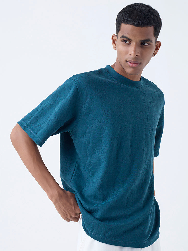 ETA Dark Teal Botanical Design Relaxed-Fit Cotton-Blend T-Shirt