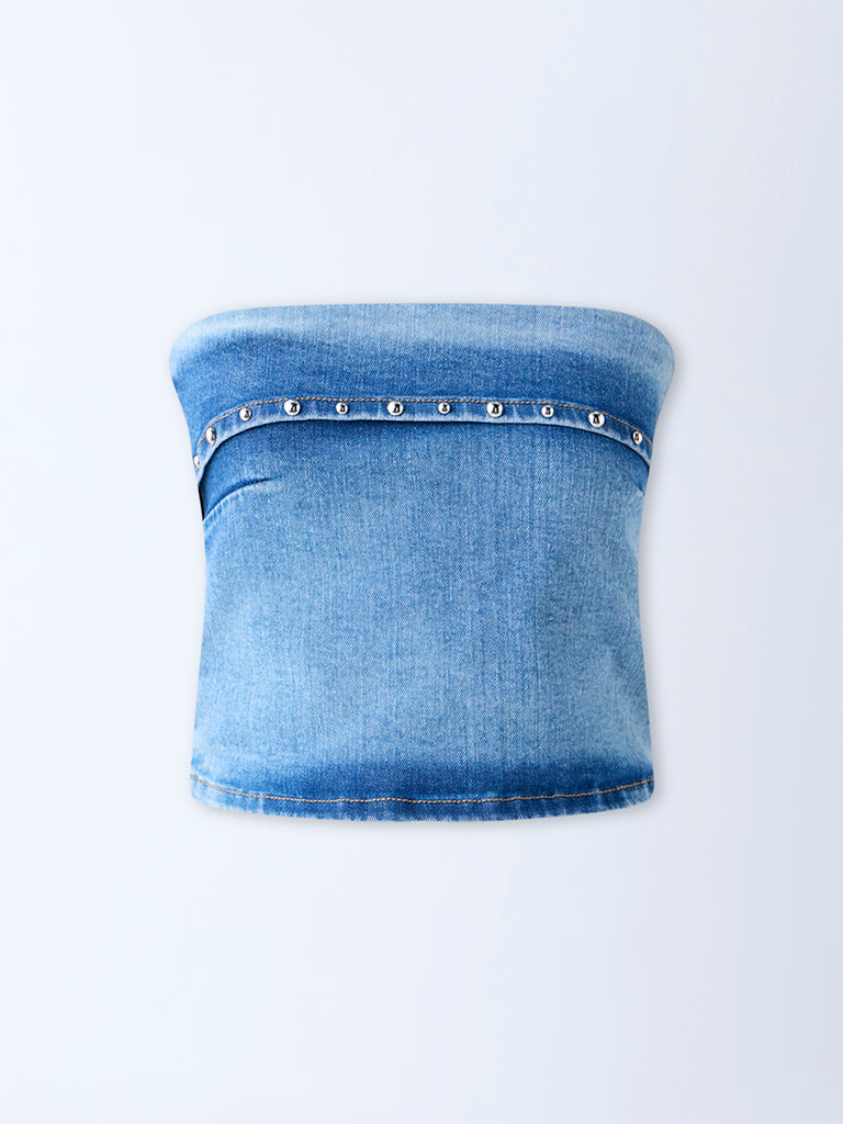 Westside Nuon Women's Blue Stud-Detailed Denim Tube Top for Casual Wear Flatly