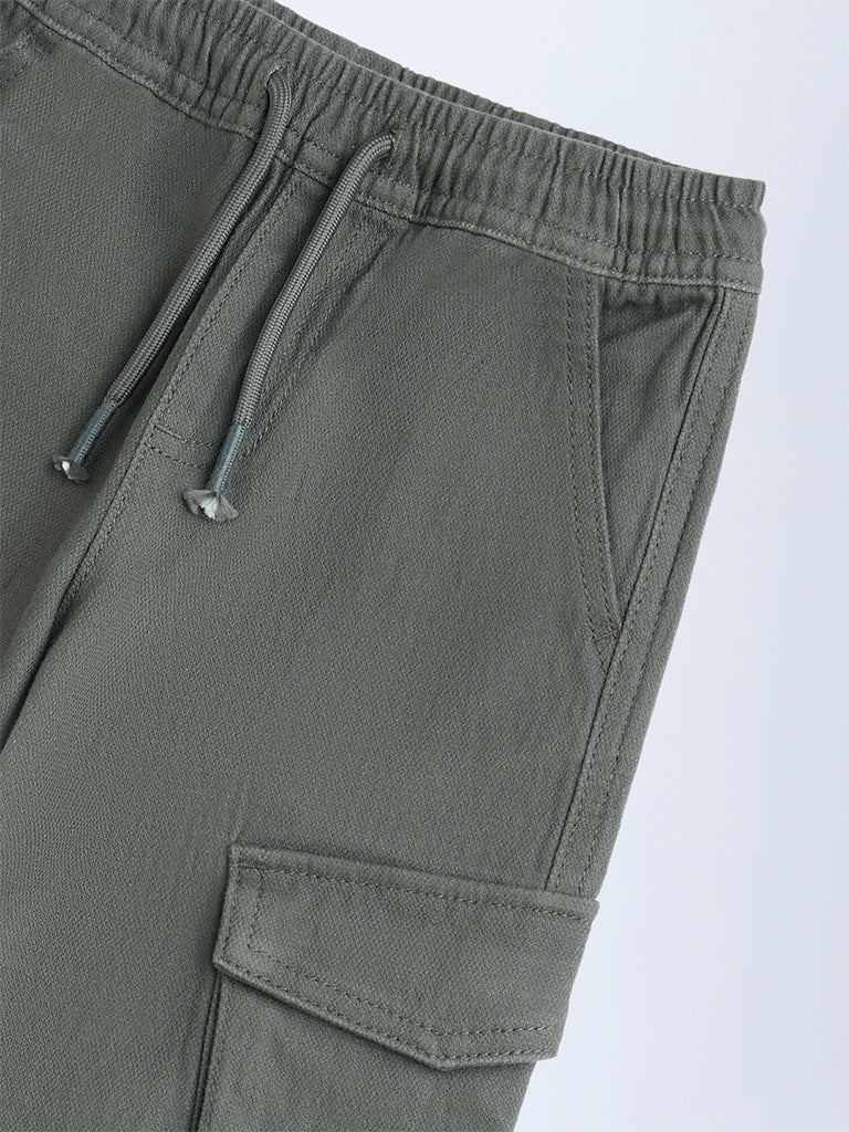 HOP Kids Boys Olive Solid Mid-Rise Cotton-Blend Joggers