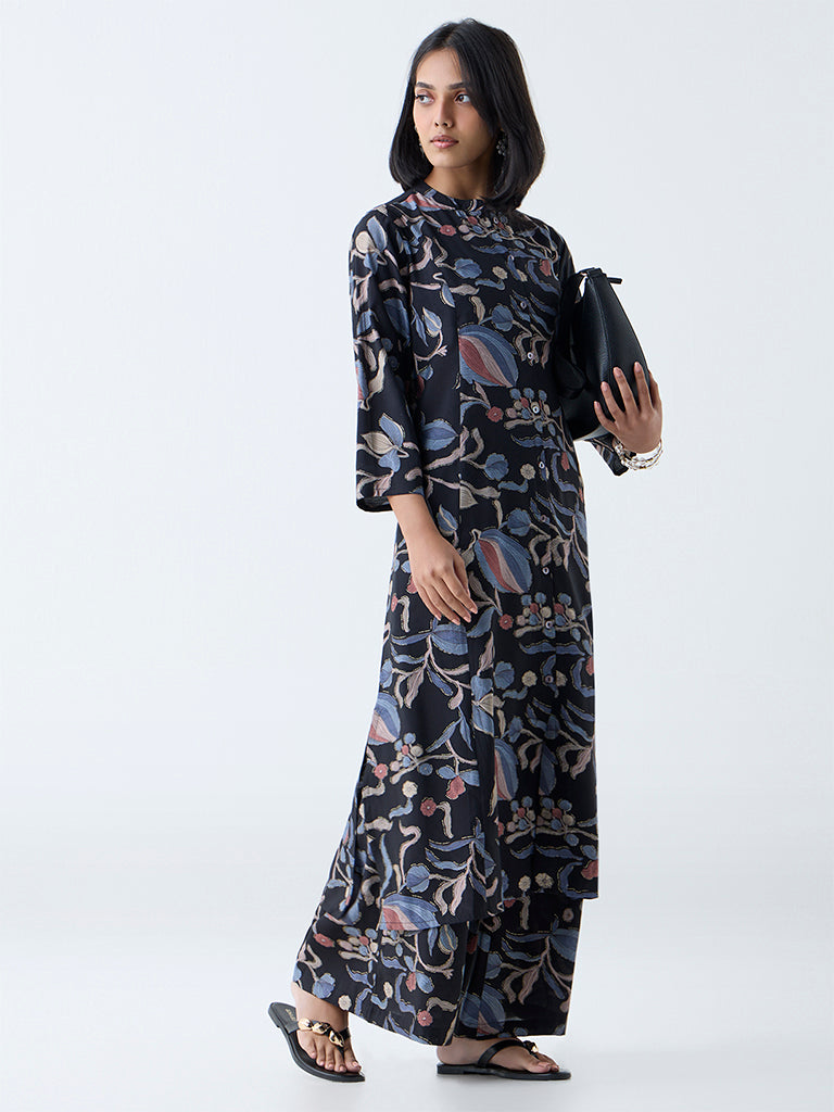 Utsa Black Foliage Printed A-Line Kurta
