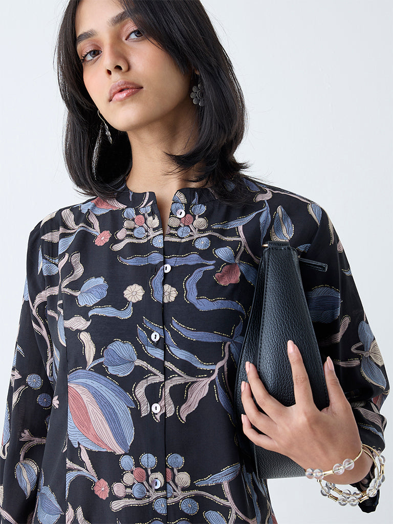 Utsa Black Foliage Printed A-Line Kurta