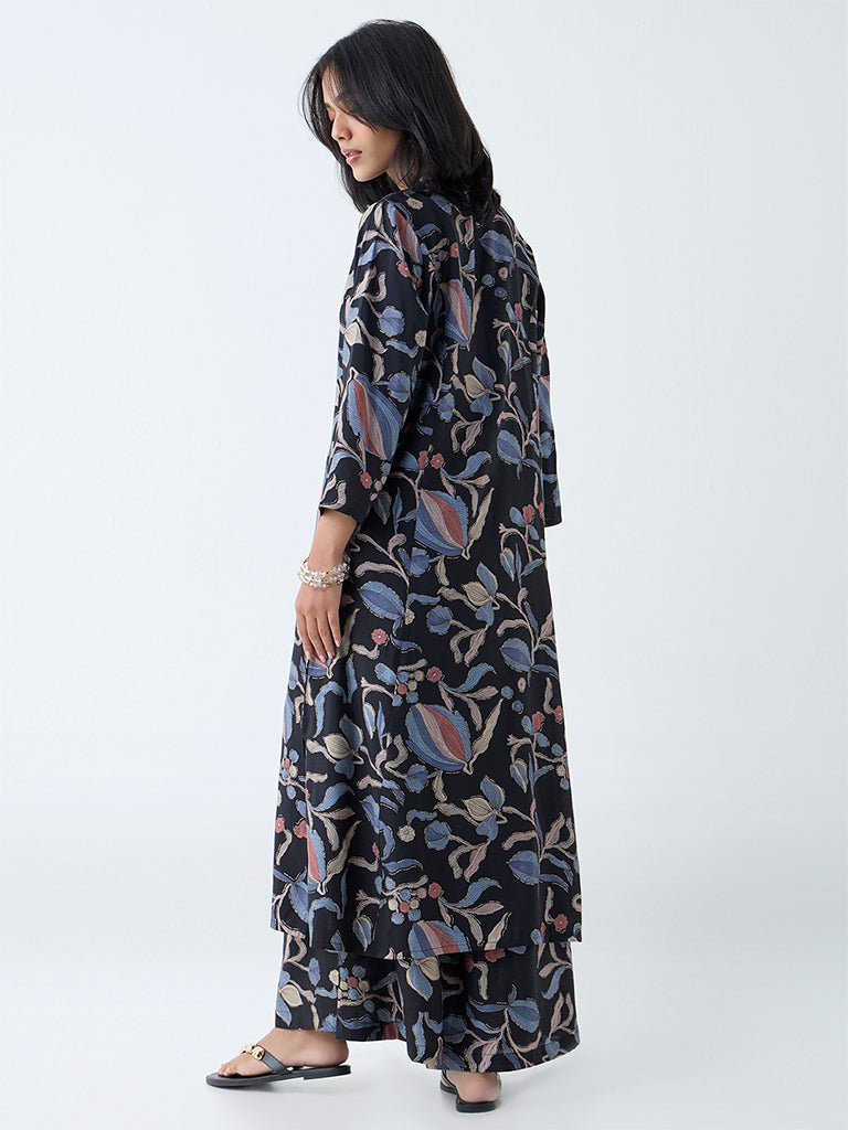 Utsa Black Foliage Printed A-Line Kurta