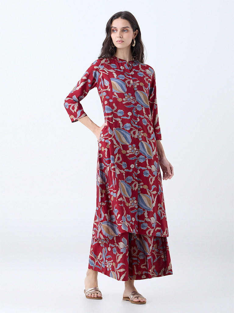 Utsa Maroon Foliage Pattern A-Line Kurta