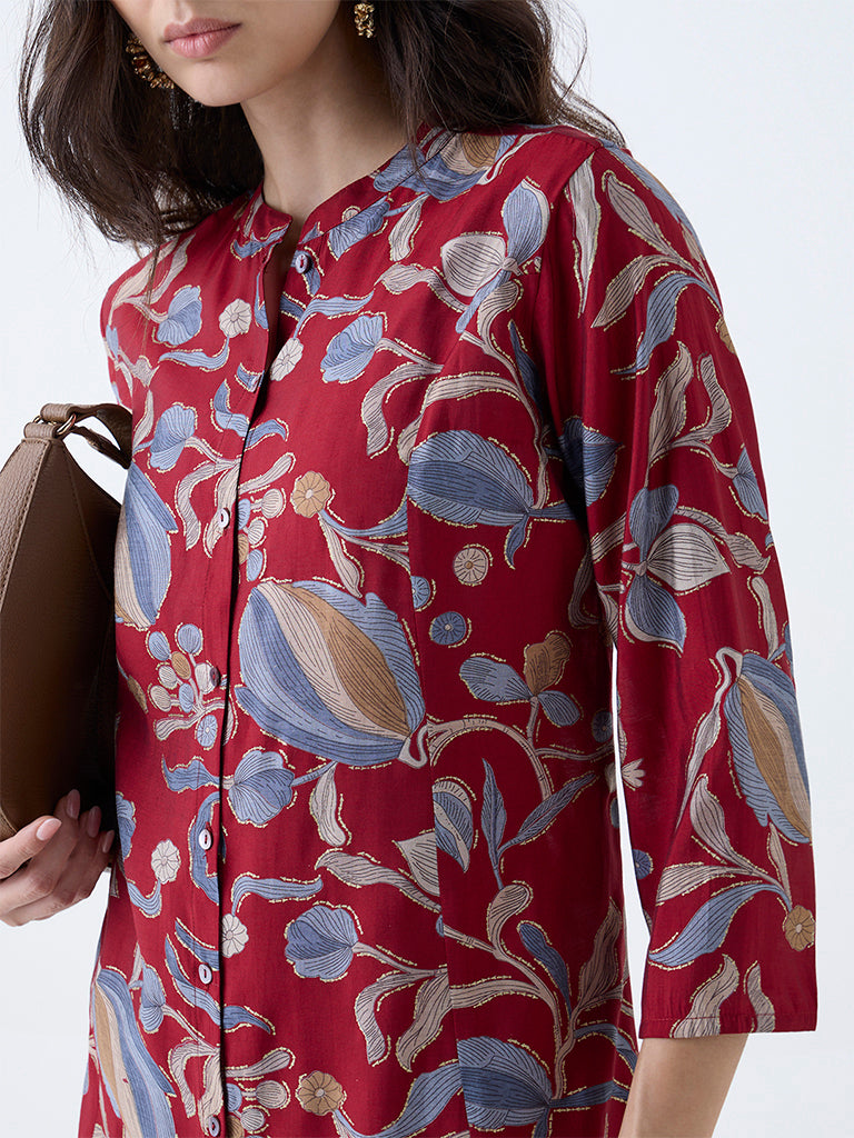 Utsa Maroon Foliage Pattern A-Line Kurta