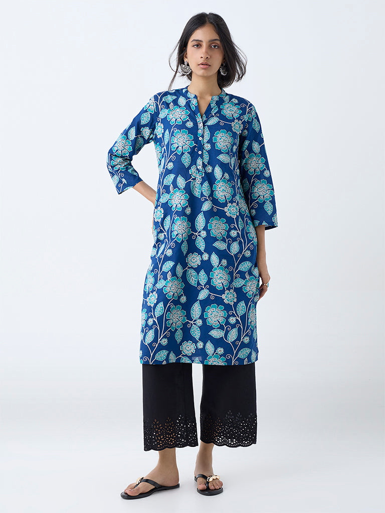 Buy Utsa Blue Foliage Printed Straight Cotton Kurta from Westside