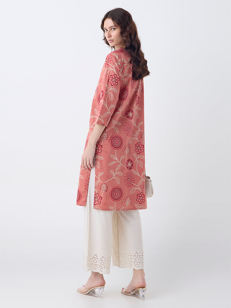 Westside Utsa Women's Coral Foliage Pattern Cotton Straight Kurta for Everyday Back View